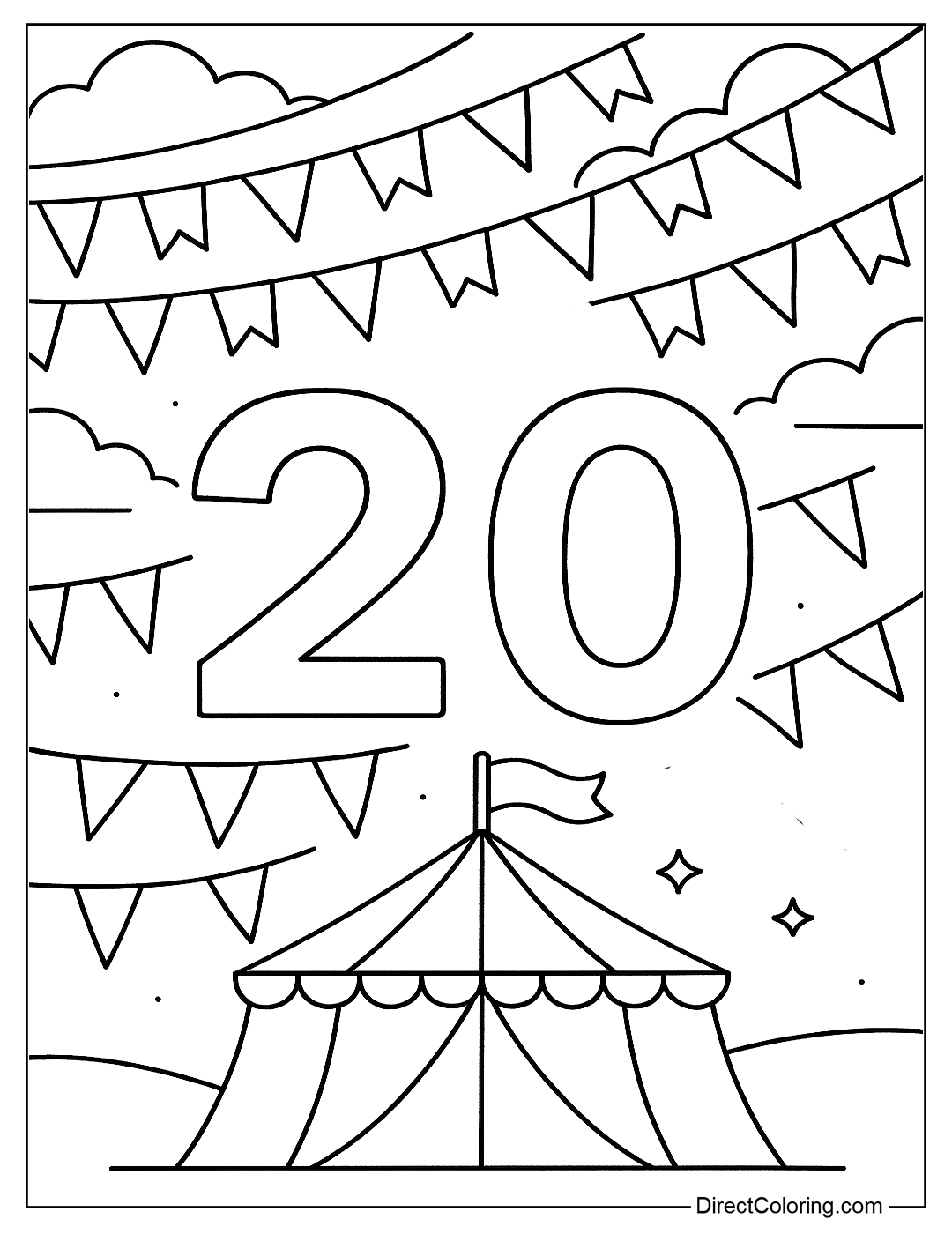 number 20 coloring page with a festive scene, with 20 mini flags flying in the wind